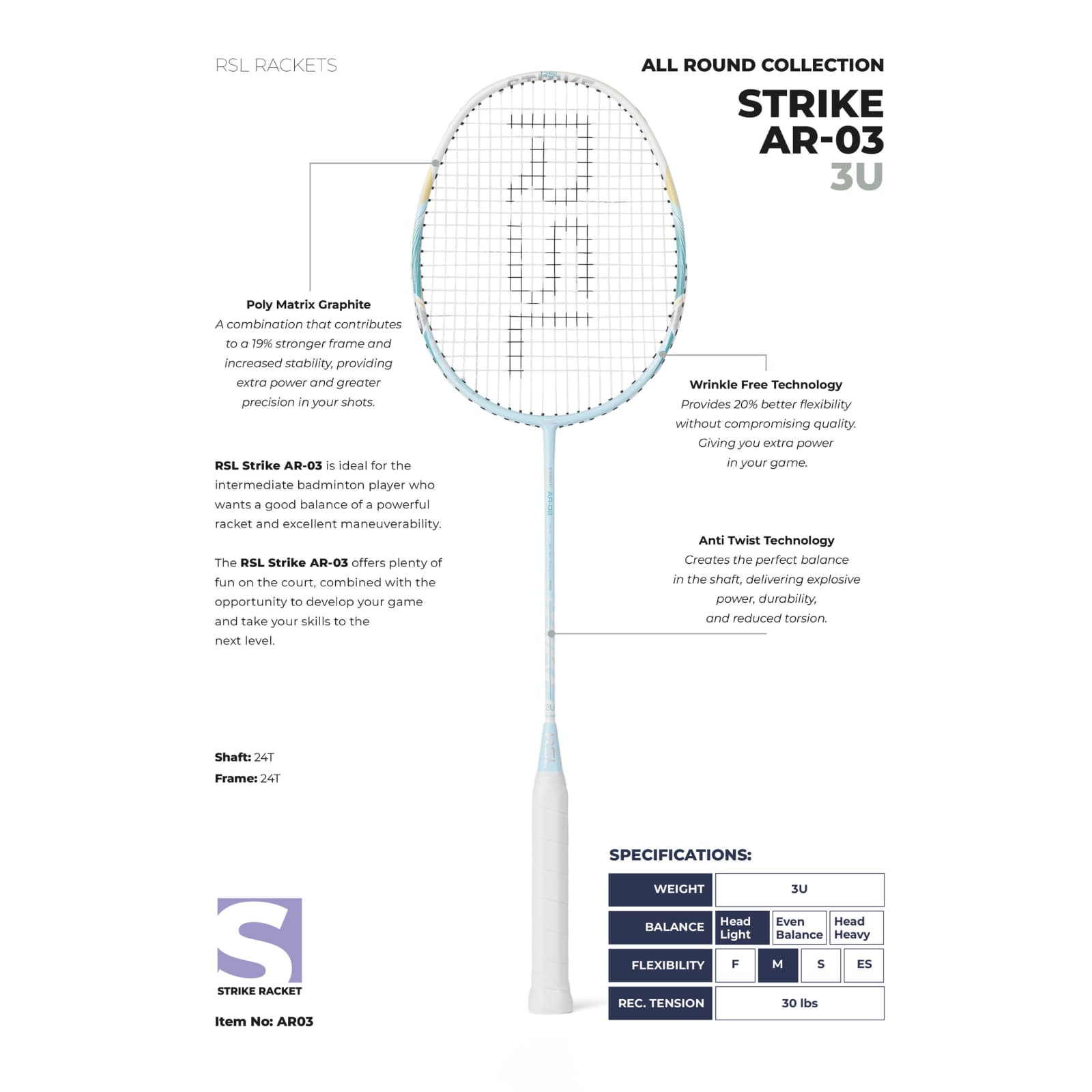 RSL Strike AR-03 Badmintonschläger - Besaitet