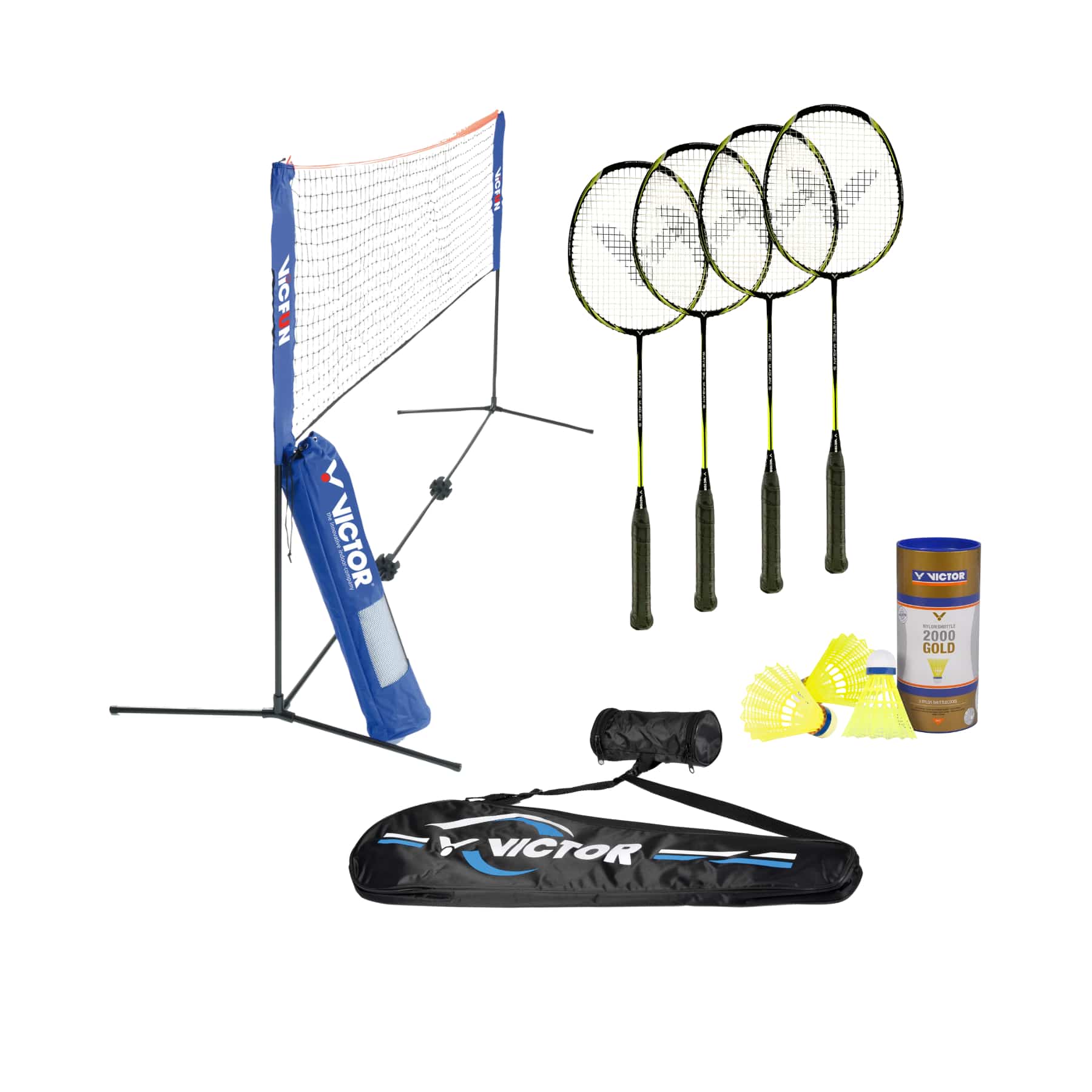 VICTOR Ferienhaus-Set - 4 Schläger Magan 5 + Tasche + 3 Bälle + Netz VICTOR Ferienhaus-Set - 4 Schläger Magan 5 + Tasche + 3 Bälle + Netz